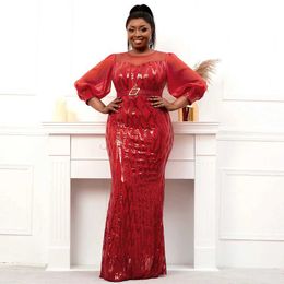 Runway Dresses Plus Size Stretch Bright Red Sequin Evening Dress Long Slve Mermaid Evening Night Party Maxi Dress With Belt Y240426