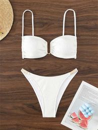 Women's Swimwear Sexy U Neck Bikini Set Women Solid White Black Push Up Pleate Micro Swimsuit 2024 Brazilian Cut Out Bathing Suit Thong Swimwear Y240429