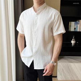 Men's Casual Shirts Summer Men Business Slim Fit Stand Collar Retro Fashion Solid Color Shirt Man Dress Blouses Korean Streetwear
