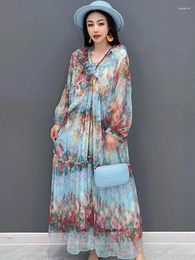 Casual Dresses QING MO 2024 Spring Summer Chiffon Blue Printed Dress Fairy Air Long Skirt V-neck Sleeves Fashion And Elegance WZT024