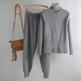 Women's Pants Turtleneck Sweater 2 Pieces Set 2024 Women Chic Knitted Pullover Top Jumper Tops Trousers Suits