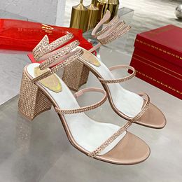 Cleo Kristaller Süslenmiş tıknaz topuklular sandalet 75mm rhinestone beyaz akşam ayakkabıları sarar elbise ayakkabı kadınlar yüksek topuklu lüks tasarımcılar fabrika ayakkabıları