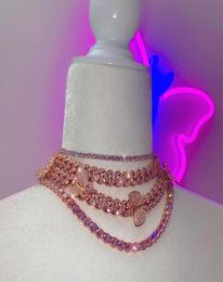 rose gold pink CZ Miami cuban link chain butterfly Necklace Iced Out bling Zircon fashion choker necklace hip hop women jewelry9450217