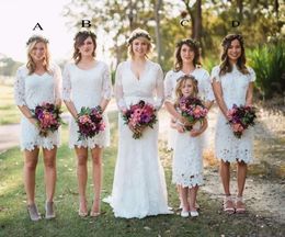 Elegant V Neck Country Style White Full Lace Sheath Bridesmaid klänning Långärmar Knäslängd Bröllopsfestklänningar Maid of Honor Gowns 0430