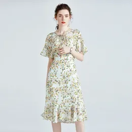 Casual Dresses Flounced Edge Silk Dress For Women O-Neck Lace-up Short Sleeve Slim Waist Bodycon Floral Printing Midi