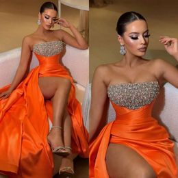 Evening Prom Sexy Strapless Dresses Orange Beads Gowns Pleats Slit Formal Long Special Ocn Party Dress