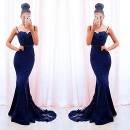 Navy Blue Cheap Mermaid Bridesmaid Dresses Spaghetti Straps Lace Beads Sequined Wedding Party Formal Gowns Maid Of Honour Dress Custom 0430