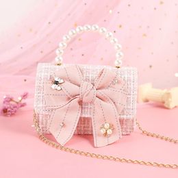 Korean Style Girl Princess Bag Cute Linen Crossbody Bags for Girls Bowknot Hand Toddler Purses and Handbags Gift 240429