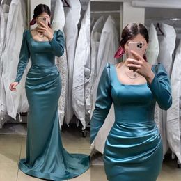 Muslim Elegant Evening Dresses Blue Square Mermaid Neck Long Sleeves Turkish Kaftan Dress Pleats Waist Satin Special Ocn Formal Dresses For Women