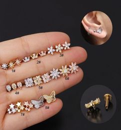 Stud 1PC 16G Cz Ear Piercing lage Earrings Flower Star Butterfly Conch Rook Tragus Flat Labret Back Jewelry3480440