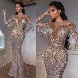 Sheer Evening Jewel Mermaid Dresses Neck Beaded Sequins Tassel Prom Dress Long Sleeves Illusion Sweep Train Formal Party Gowns