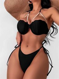 Women's Swimwear Sexy Shell Shape Underwire Bikini Tie Side Thong Bikinis Swimwear Women 2024 Black Pearls Strap Push Up Bathing Suit Swimsuit Y240429