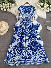 Casual Dresses Fashion Blue And White Porcelain Miyake Pleated Dress Women's Lantern Sleeve Stitching Printing High Sretch Loose Robe