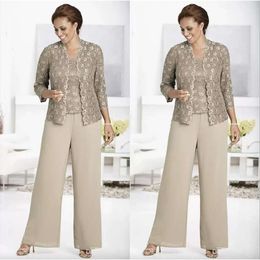 Mother Of The Three Pieces Bride Suits With Lace Jacket Chiffon Pants Suit Wedding Guest Dresses Mom Formal Ocn Party Gowns