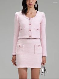 Work Dresses Women Pink Sweet Knit Suit A-Line Mini Skirt Or Single Breasted Long Sleeve O-Neck Short Cardigan For Female Spring Summer