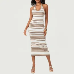 Casual Dresses Fashion Women's Bodycon Long Dress Halter Neck Sleeveless Backless Tie Up Striped For Party Club Wedding Night