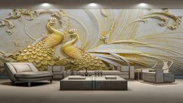 Dropship Custom Mural Wallpaper For Walls 3D Stereoscopic Embossed Golden Peacock Background Wall Painting Living Room Bedroom Hom2339345