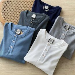 T-shirt maschile maschile waffle puro in cotone autunno e inverno Henry Neck Casual Maniche a maniche lunghe Maglietta Bottoml2405