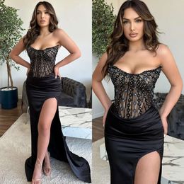Strapless Evening Sexy Black Beads Dresses Illusion Top Party Prom Split Formal Long Red Carpet Dress For Special Ocn