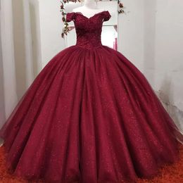 Sparkly Bury Quinceanera Dresses Off The Shoulder Lace Applique Sequins Custom Made Floor Length Tulle Sweet 15 16 Princess Pageant Ball Gown Vestido 0431