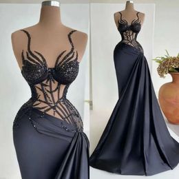 Schwarze Satin -Pailletten Meerjungfrau Abendkleider elegante Illusion Mieder Party Prom Sweep Zugfalten Langes Kleid für besondere OCN