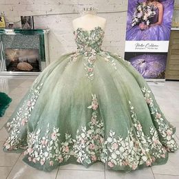 Зеленые цветы Легкие quinceanera ручные платья с шариковыми платьями любимого рукавов.