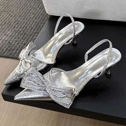 Dress Shoes Sexy Pointed Toe Silver High Heels for Women New Butterfly-knot Design Pumps Elegant Slingbacks Thin Sandalias Mujer H240430