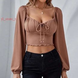 Women DESIGNERST Shirts Girl Brown Low-Cut Sexy Lady Crop Tops Draw String Long Sleeve Shirt Fashion Brown Blouse Female Slim Fitting Top Women's T-Shirt 9909