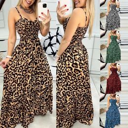 Womens Leopard Print Suspender Dress Summer Sexy Graceful And Fashionable Long