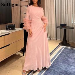 Party Dresses SoDigne Pink Chiffon Saudi Arabia Evening Dress Puffly Long Sleeves Formal Occasion Prom Gowns Women Celebrity