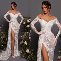 Düzenli denizkızı elbise düğün için muhteşem omuz uzun kollu gelinlik gelinlikler bölünmüş tasarımcı gelin elbise es