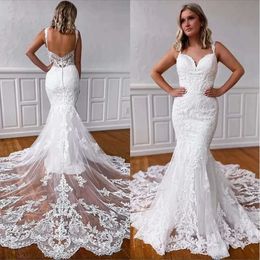 Lace Dresses Gorgeous Mermaid Wedding Bride Gown Spaghetti Straps Applique Sweep Train Covered Buttons Custom Made Plus Size Vestido De