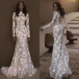 Neck Dresses Long Mermaid High Sleeves Elegant Lace Wedding Dress Sweep Train Robe De Mariee Bridal Gowns