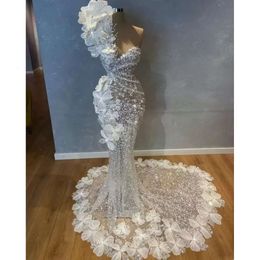 One Shoulder Mermaid Wedding Dress Crystal Long Sequined Beaded Bridal Gowns Flower Appliqued Robe De