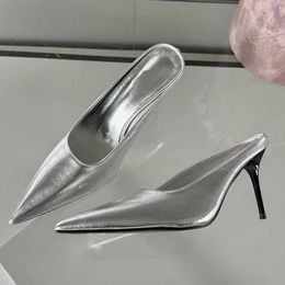 Dress Shoes Designer Luxury 2024 Sexy Gold Silver Pointed Toe Slippers for Women Fashion Thin High Heels Stripper Banquet Mule Slide Sandals H240430