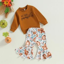 Clothing Sets Kids Baby Girl Fall Outfits Fashion Letters Long Sleeve Sweatshirts Pumpkin Flower Print Flare Pants 2Pcs Halloween Clothes