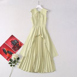 Summer Green Solid Colour Panelled Dress Sleeveless Round Neck Midi Casual Dresses A4A291534