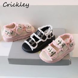 2024 Girls Fashion Sandals Summer PU Leather Buckle Soft Kids Comfortable Hook Loop Barefoot Children Beach Shoes 240425