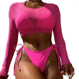 Women's Swimwear Women Swimsuit Set Padded Halter Bra High Waist Lace-up Briefs Cropped Cover-up Summer Beachwear 3Pcs/Set