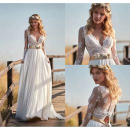 Sleeve Dresses Beach Chiffon Vintage New Arrival V Neck Long Sleeves Bridal Gowns A Line Wedding Dress s