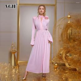 Casual Dresses VGH Solid Patchwork Appliques For Women Half High Collar Flare Sleeve Waist Elegant Long Dress Female Fashion