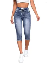 Women's Jeans 2024 Summer Calf-Length Elastic Waist Drawstring For Women Fashion High Slim Denim Pencil Pants Casual Clothing