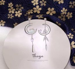 Thaya 925 Sterling Silver Earring Dangle Crescent Bamboo leaves Japanese Style For Women Fine Jewellery 2201086423027