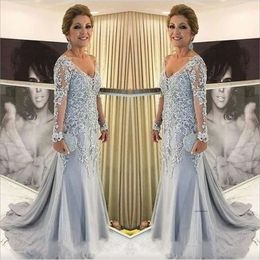 New Modern Mermaid Lace Mother Of The Bride Illusion Long Sleeves Sexy Elegant Formal Dresses Evening Wear Cheap Wedding Guest Dress 0431