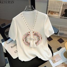 Women's Knits Chinese Style Knitwear Tops Clothing Retro Embroidery Diamonds V-neck Short Sleeve Sweater T-shirts Knitted Cardigan