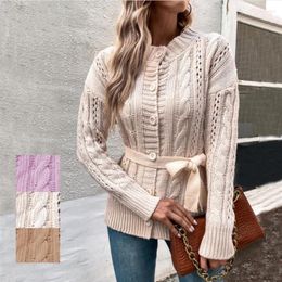 Women's Knits Autumn Casual Round Neck Long Sleeve Jumpers Turn Down Collar Linen Pattern Loose Knitted Cardigan Sweater Ladies Thick Tops