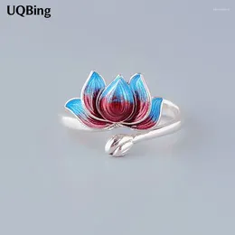 Cluster Rings Fashion Luxury Open Adjustable Double Enamel Lotus 925 Sterling Silver Jewelry Gifts