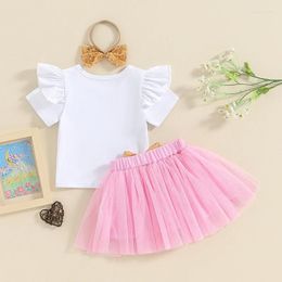 Clothing Sets Toddler Girl Summer 3 Piece Outfits White Flying Sleeve Tops Pink Tulle Skirt Headband Set Sweet Short Dress Clothes