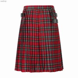 Skirts Mens Fashion Casual Retro Scottish Style Flat Bottom Contrast Belt Folded Ski 4 XW