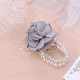 Decorative Flowers 1pc Elegant Purple Artificial Wrist Flower Pearl Rose Bridesmaid Satin Natural Preserved